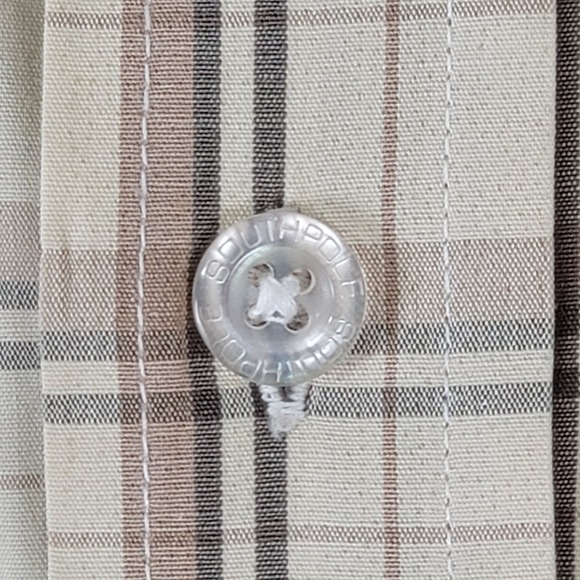 Southpole Men's XXL Plaid Short Sleeve Button Up Shirt Beige Tan Cotton Vintage - Picture 4 of 14